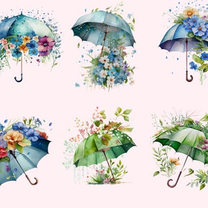 Może przedstawiać: Sześć akwarelowych ilustracji parasolek z kwiatami i zielenią. Parasolki są niebieskie i zielone, a kwiaty są w odcieniach niebieskiego, r&oacute;żowego, ż&oacute;łtego i białego.