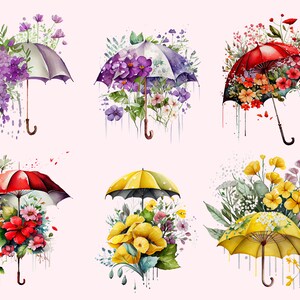 Może przedstawiać: Sześć akwarelowych ilustracji parasolek z kwiatami rosnącymi z nich. Parasolki są w r&oacute;żnych kolorach, w tym czerwonym, ż&oacute;łtym, niebieskim i białym. Kwiaty są r&oacute;wnież w r&oacute;żnych kolorach, w tym fioletowym, ż&oacute;łtym i czerwonym.