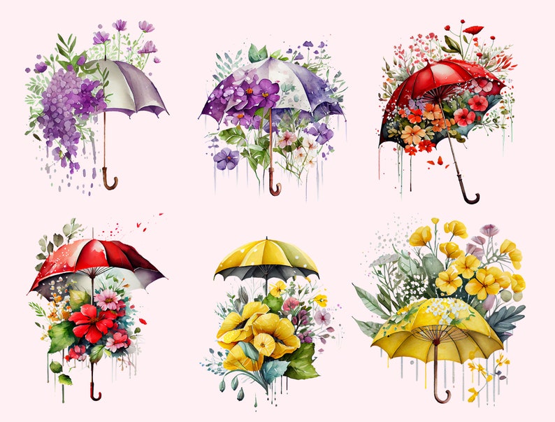 Summer Garden Floral Umbrella Clipart Bundle Colorful Watercolor ...