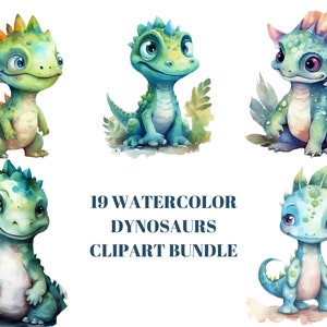 Adorable Watercolor Baby Dinosaur Clipart for Nursery Decor and DIY Projects - Bundle of 19 Watercolor  Baby dino clipart
