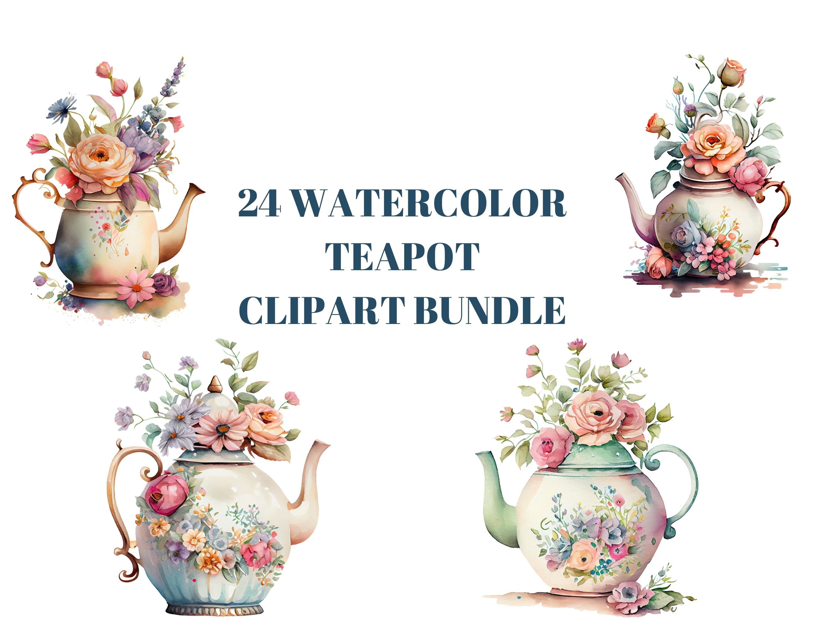 Floral Tea Time 24 Watercolor Teapot Clipart for Creative Projects and
