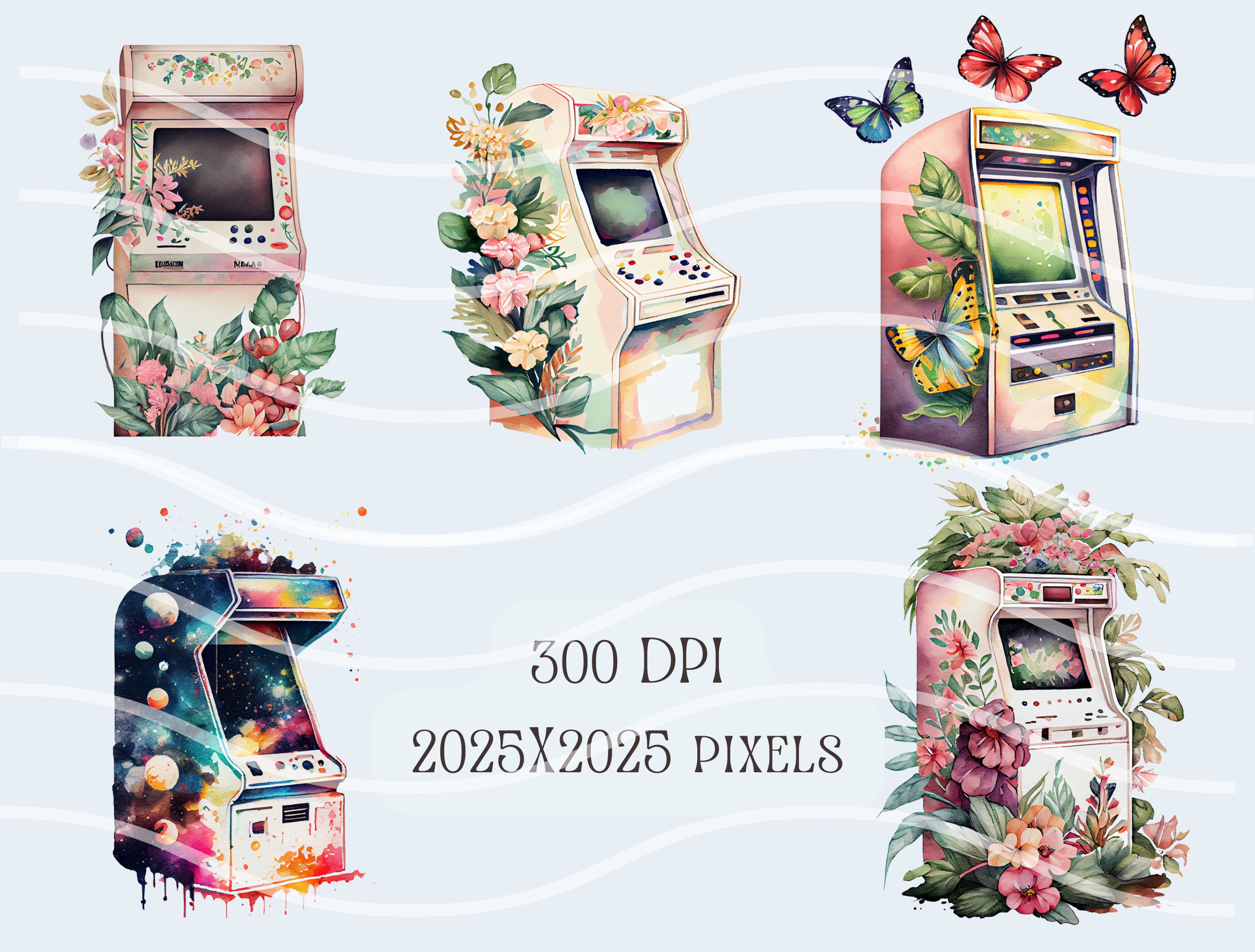 Retro Arcade Game Watercolor Clipart Set of 17 PNG Files Cosmic Arcade ...