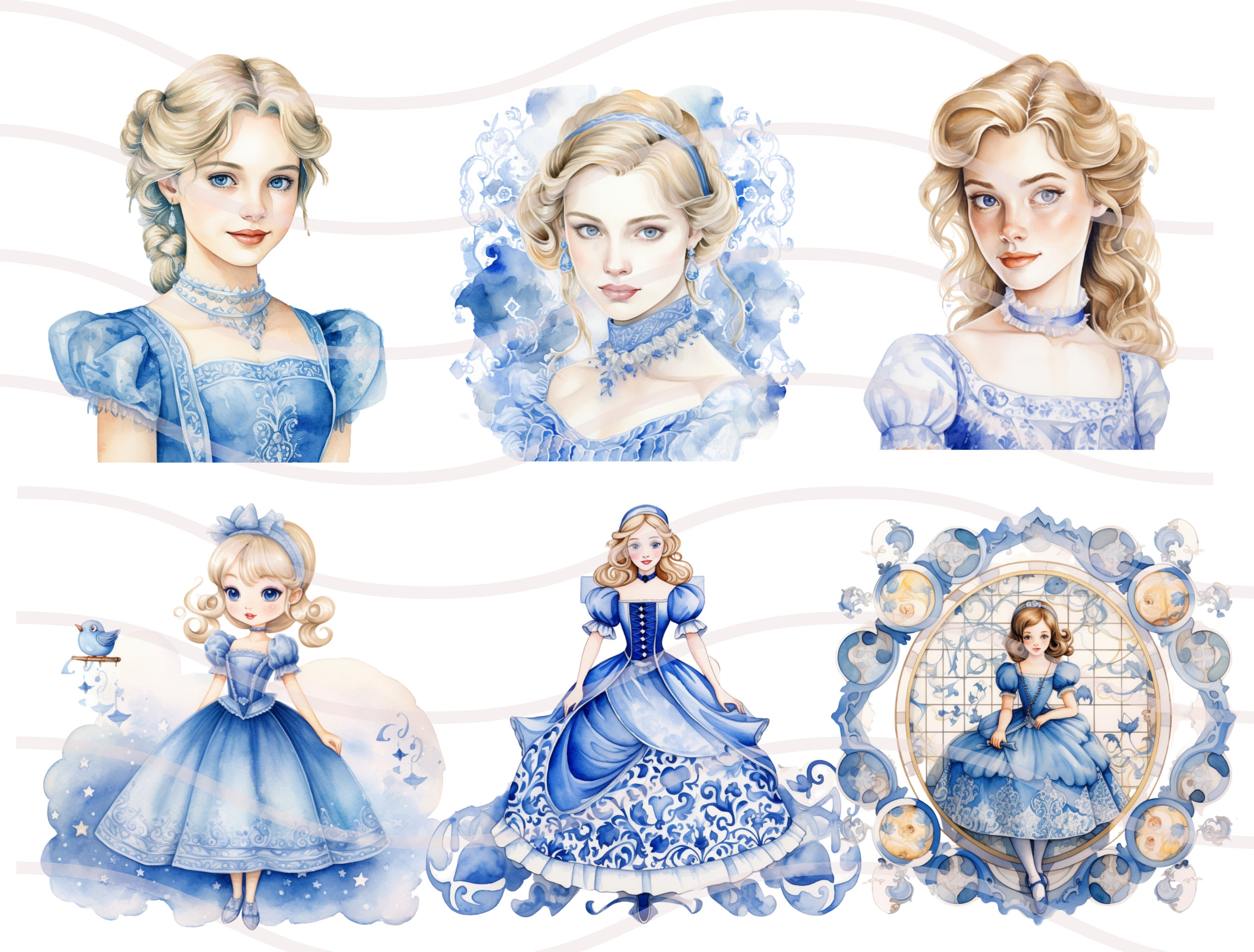 Cinderella Princess Clipart Bundle - Watercolor Blue Clipart Set of 22 ...