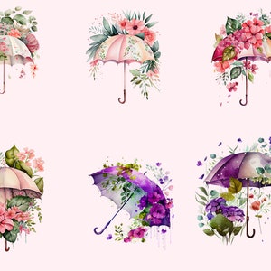 Może przedstawiać: Sześć akwarelowych ilustracji parasolek z kwiatami. Parasolki są w odcieniach r&oacute;żowego, fioletowego i białego. Kwiaty są w odcieniach r&oacute;żowego, fioletowego i zielonego.