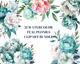 Zestaw akwarelowych clipartów z turkusowymi piwoniami – 21 obrazów kwiatowych w formacie PNG (do pobrania w wersji cyfrowej)