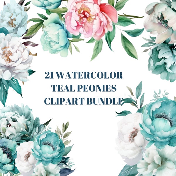 21 Beautiful Watercolor Teal Peonies Clipart Bundle - Perfect for Invitations, Stationery, and Crafts - Blue Flowers Clipart Bundle