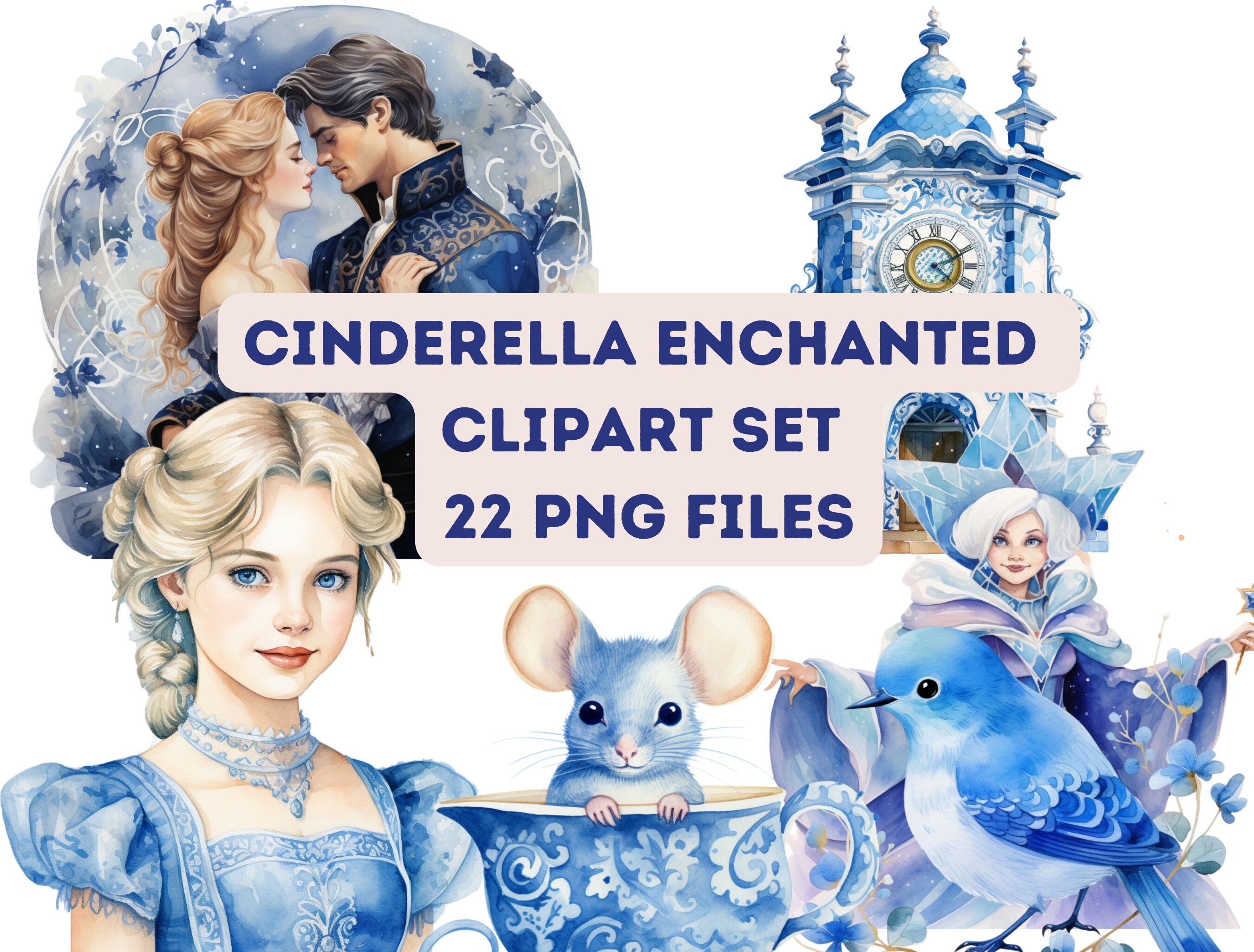 Cinderella Princess Clipart Bundle - Watercolor Blue Clipart Set of 22 ...