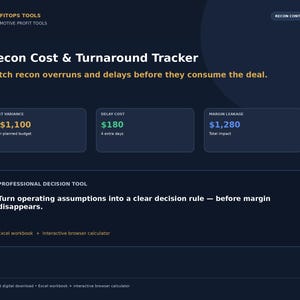 May include: A digital dashboard titled Recon Cost & Turnaround Tracker by PROFITOPS TOOLS. It displays metrics for Cost Variance at +$1,100, Delay Cost at $180, and Margin Leakage at $1,280. The interface includes an Excel workbook and browser calculator.