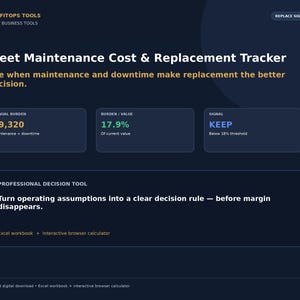 May include: A digital fleet maintenance cost and replacement tracker tool with a dark blue interface. It displays annual burden of $9,320, a burden value of 17.9%, and a keep signal. Includes text: PROFITOPS TOOLS, FLEET BUSINESS TOOLS, and REPLACE SIGNAL.
