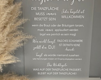 Tanzflächenregeln, Acrylschild, Hochzeit, Trauung