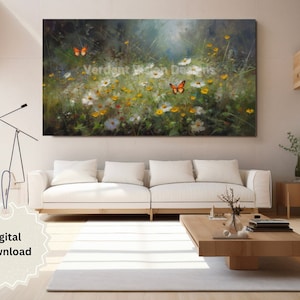 Vintage Monarch Butterflies flying over Wildflowers and Grass - Digital Download 16:9 Samsung TV Frame Art