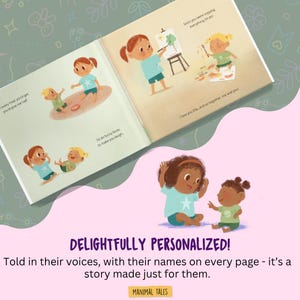 Puede incluir: Un libro de cuentos infantil con ilustraciones de dos ni&ntilde;os peque&ntilde;os interactuando, pintando y jugando juntos. Las p&aacute;ginas contienen texto, incluyendo 'Soon you were copying everything I'd do!', 'I love you Ella' y 'I'd do funny faces'.