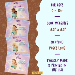 May include: Four square children's books titled Besties Forever with pastel star backgrounds. Each cover features two illustrated characters and names like Owen and Jackson. The books measure 21.59 cm by 21.59 cm, contain 30 pages, and are for ages 0 to 10 plus.