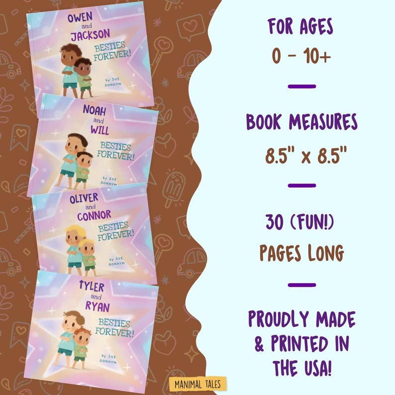 May include: Four square children's books titled Besties Forever with pastel star backgrounds. Each cover features two illustrated characters and names like Owen and Jackson. The books measure 21.59 cm by 21.59 cm, contain 30 pages, and are for ages 0 to 10 plus.
