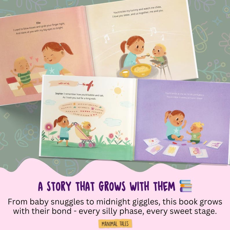 Puede incluir: Un libro de cuentos ilustrado para ni&ntilde;os que muestra a dos hermanos en diversas escenas. Las p&aacute;ginas presentan a un ni&ntilde;o y un beb&eacute; jugando, comiendo, paseando en cochecito y dibujando juntos, acompa&ntilde;ados de texto impreso y colores pastel suaves.