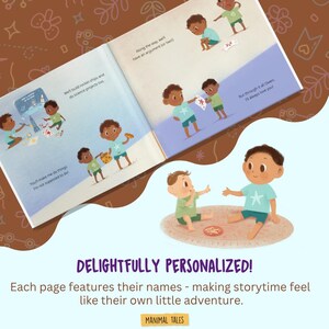 May include: A children's picture book featuring illustrations of two young children with brown skin and dark hair. The pages show them building rocket ships, doing science projects, and sharing toys. Text on the pages includes, We'll build rocket-ships and do science projects too, and, But through it all Owen, I'll always love you!