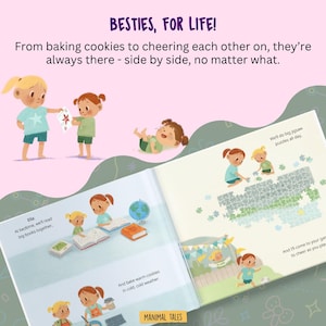 Puede incluir: Un libro de im&aacute;genes para ni&ntilde;os titulado Besties, For Life! con ilustraciones de dos amigos realizando actividades como leer, hornear y hacer rompecabezas. Las p&aacute;ginas incluyen texto como At bedtime, we'll read big books together y We'll do big jigsaw puzzles all day.