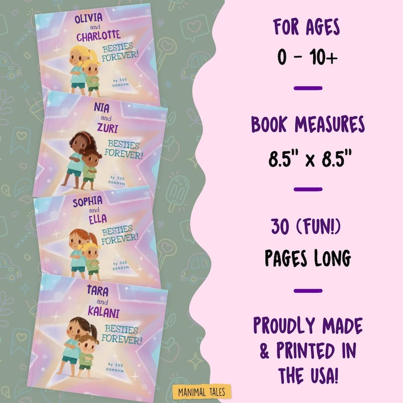 Puede incluir: Cuatro libros infantiles cuadrados titulados Besties Forever! con ilustraciones de dos amigos en cada portada. Los libros miden 21,59 cm por 21,59 cm, contienen 30 p&aacute;ginas y son para edades de 0 a 10 a&ntilde;os en adelante.