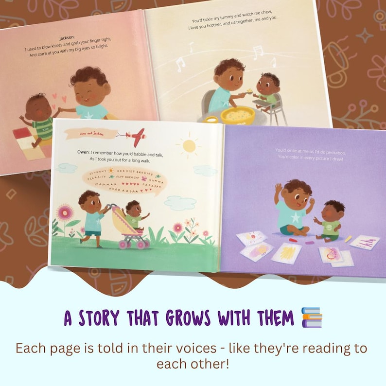 May include: A children's picture book featuring illustrations of two siblings interacting in various scenes, including eating, walking with a stroller, and drawing. The pages contain printed text narrating their shared experiences and growth.