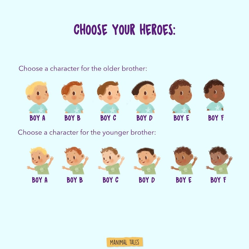 May include: A digital illustration titled CHOOSE YOUR HEROES featuring two rows of six cartoon boys labelled BOY A through BOY F. The top row shows boys facing right, and the bottom row shows boys waving. The text MANIMAL TALES appears at the bottom.