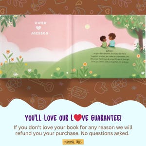May include: An open children's book with a pink and green landscape illustration featuring two children sitting on a hill. The text reads: OWEN HEART JACKSON and Jackson: As your little brother, I'll always be there. Together, brother, we make an unbeatable pair.
