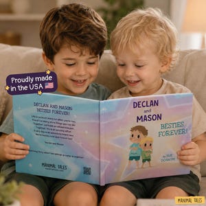 May include: A children's hardback book titled Declan and Mason: Besties Forever! with a pastel star background. The cover features two illustrated boys and the text Proudly made in the USA. The back cover includes a poem and the Manimal Tales logo.