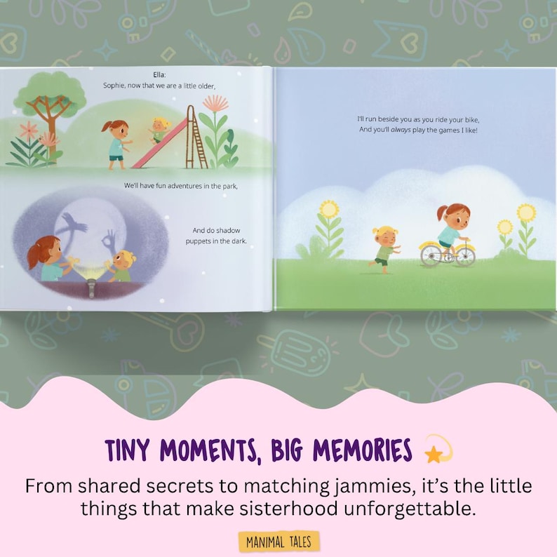 Puede incluir: Un libro de cuentos infantil abierto con ilustraciones coloridas de dos ni&ntilde;os peque&ntilde;os jugando en un parque, montando en bicicleta y haciendo sombras chinescas. El texto dice: Ella: Sophie, now that we are a little older, We'll have fun adventures in the park, And do shadow puppets in the dark. I'll run beside you as you ride your bike, And you'll always play the games I like!