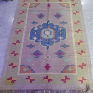 Handmade Navajo Kilim Rug, Aztec Rug, Accent Rug, Outdoor Rug/Indoor Rug, Living/Dinning Room 2X6 Ft. Wool Jute Kilim Rug, Indian DhurrieRug