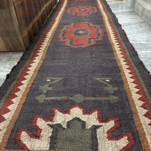 Handwoven Kilim Runner Rug: Wool & Jute Bohemian Stair Decor