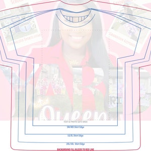 Könnte beinhalten: Eine rosa T-Shirt-Designvorlage mit blauen und roten Linien, die verschiedene Größen für den Druck angeben. Der Text "Queen" ist in der Mitte des Designs sichtbar.