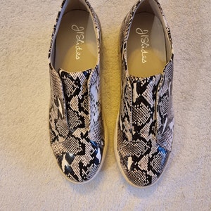 J/Slides Platform Slip On Sneakers Snake Print Slip On Vegan Leather 10M, EUC, they fit a bit large