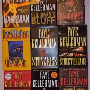 May include: A collection of Faye Kellerman novels, featuring titles like "Hangman," "Blindman's Bluff," and "Gun Games." The book covers display various colors, including red, yellow, and black, with bold text and intriguing imagery.