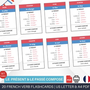 Verbes imprimables en français Cartes flash pour l'enseignement à domicile | Apprendre la conjugaison des verbes français | Matériel pédagogique de français | Parler français