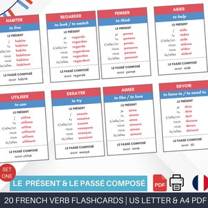Verbes imprimables en français Cartes flash pour l'enseignement à domicile | Apprendre la conjugaison des verbes français | Matériel pédagogique de français | Parler français