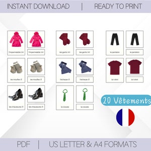 20 roupas em francês | Aprendizagem Montessori Francês | Flashcards para professor de francês | Imprimíveis educacionais | Brinquedos educativos para educação domiciliar