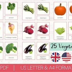 25 cartes Légumes | Ressources d'apprentissage Montessori pour l'école à la maison, cartes-éclair numériques sur les aliments, activité éducative imprimable pour tout-petits d'âge préscolaire
