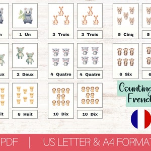 Montessori Compter jusqu'à 10 en français | Cartes-éclair en 3 parties de l'école Montessori pour les tout-petits | Cartes imprimables | Jouets éducatifs pour l'enseignement à domicile