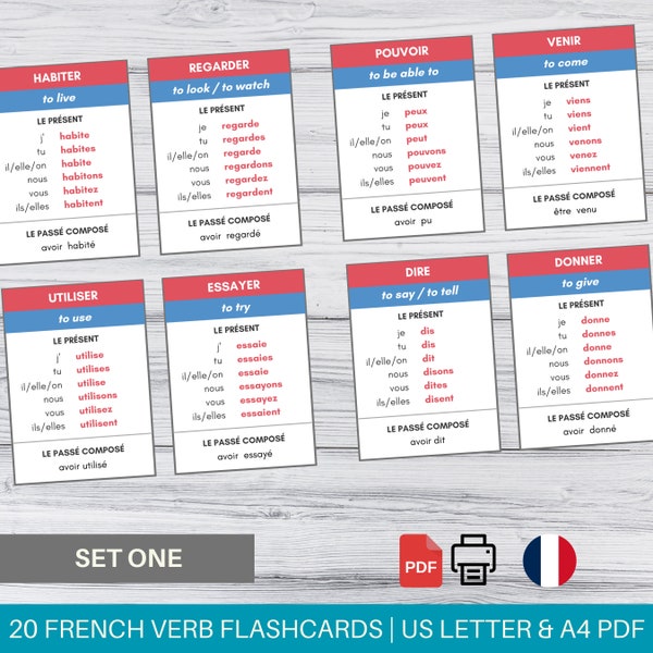 Printable Verbs in French Flash Cards for Home Schooling | Learn French Verbs Conjugation | French Class Education Material | Speak French