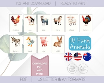 Farm Animal Flashcards for Kids, Toddlers and Preschool | Printable Educational Toys for Homeschooling | Montessori Flashcards