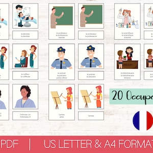20 French Occupation Flashcards | Jobs | Montessori School 3 Part Flashcards | Printable Nomenclature Cards | Homeschooling Educational Toys