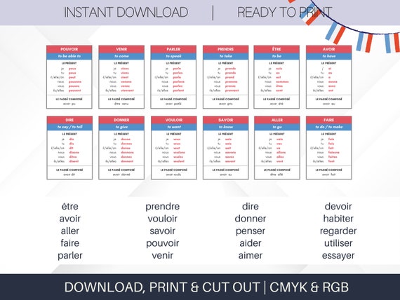 Printable Verbs in French Flash Cards for Home Schooling | Learn