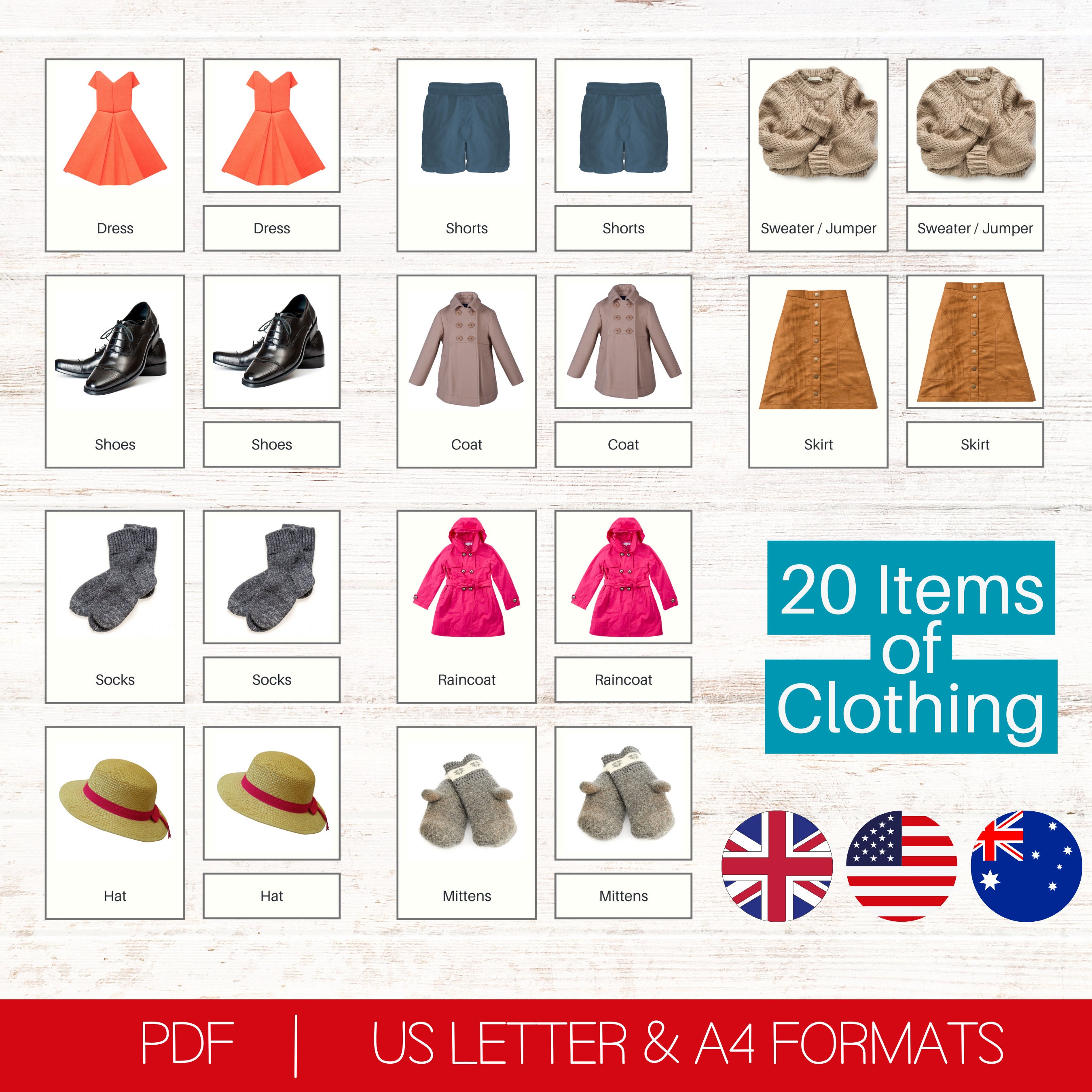 20 Clothes Cards Montessori Learning Homeschool Resources, Clothing ...
