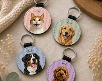 Llavero de cuero personalizado para mascotas con foto – retrato de perro y gato – llavero personalizado con foto para mascotas