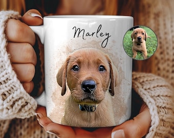 May include: White ceramic mug with a watercolor-style illustration of a brown Labrador Retriever puppy. The mug has the name "Marley" written in black cursive on the front. A smaller image of the puppy is in the top right corner of the mug.