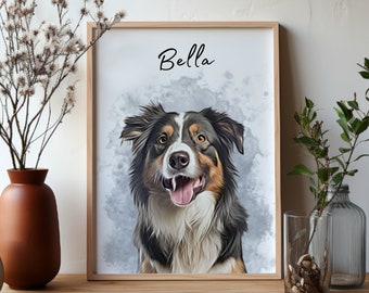Op de afbeelding: Een digitale schildering van een hond genaamd Bella. De hond is een border collie met zwart, wit en bruin haar. Het schilderij heeft een aquarel achtergrond met een lichtblauwe en grijze kleurstelling.