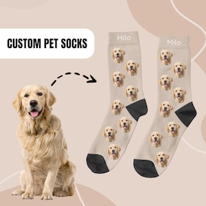 May include: A pair of beige socks with a repeated pattern of a golden retriever dog's face. The socks have black heels and toes. The socks are labelled "Milo" at the top. The image also shows a golden retriever dog sitting on a beige background.