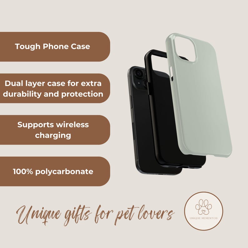 Pu&ograve; includere: Una custodia per telefono bianca con un bordo nero e una custodia per telefono nera con un bordo bianco. Le custodie per telefono sono sovrapposte. Il testo "Tough Phone Case", "Dual layer case for extra durability and protection", "Supports wireless charging" e "100% polycarbonate" &egrave; visualizzato in case marroni. Il testo "Unique gifts for pet lovers" &egrave; visualizzato in testo nero. Il testo "UNIQUE HORIENTOS" &egrave; visualizzato in un cerchio con un'impronta di zampa.