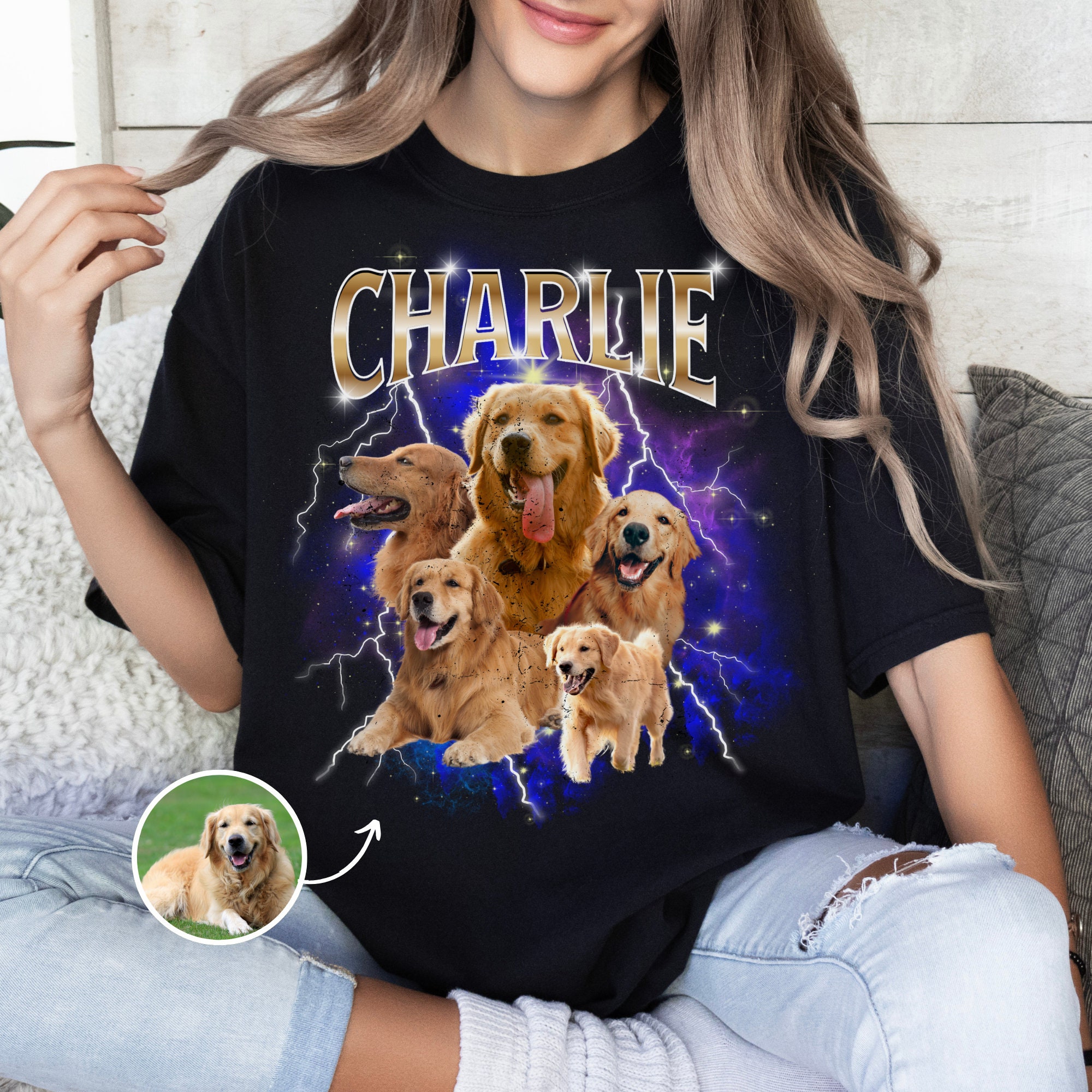 Camiseta Personalizada Mascotas Fotos y Nombre 90s Vintage, Camiseta Bootleg Rap Regalo Familia, Diseño Personalizable