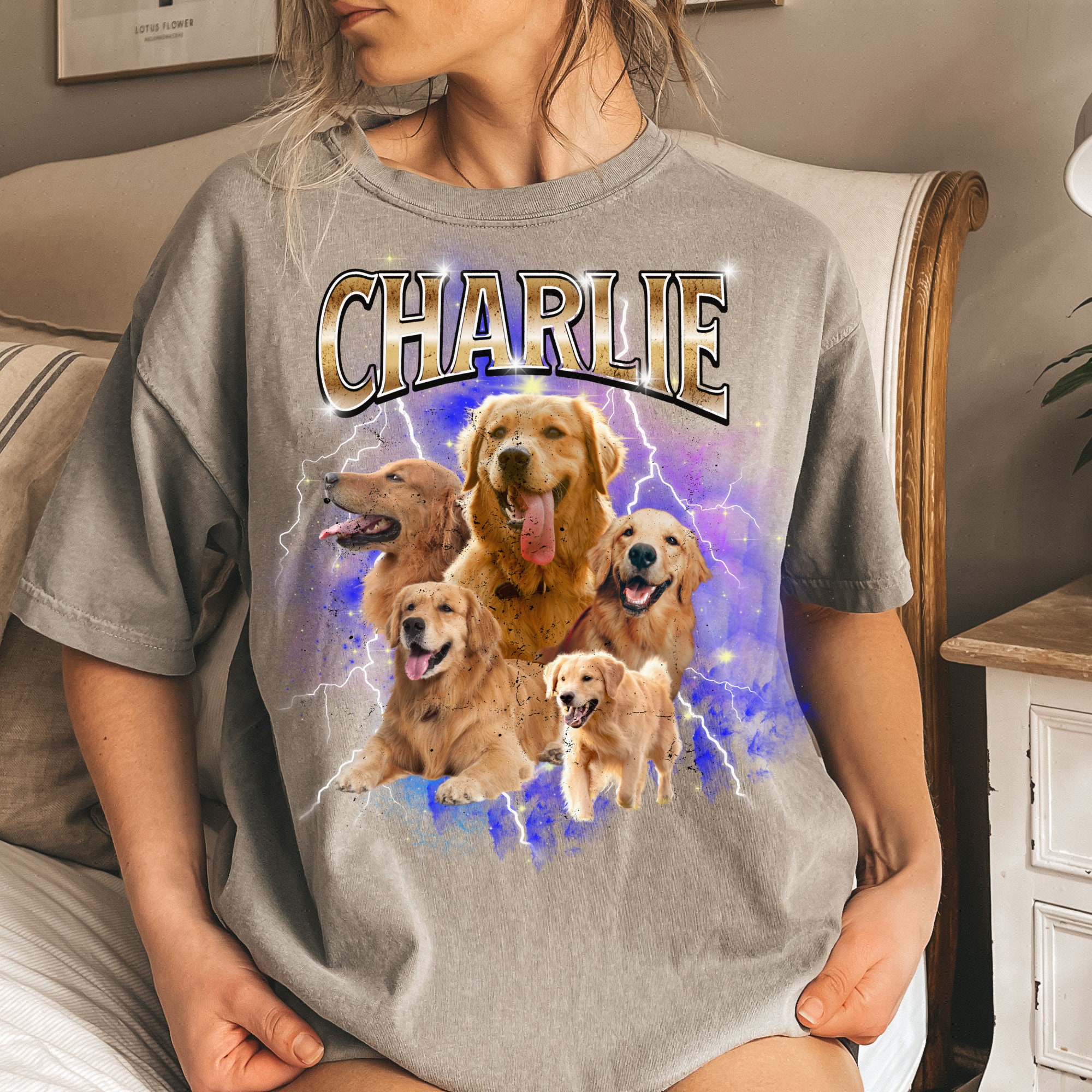 Camiseta Personalizada Mascotas Fotos y Nombre 90s Vintage, Camiseta Bootleg Rap Regalo Familia, Diseño Personalizable
