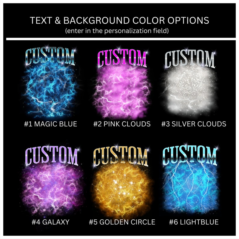 Pode incluir: Seis op&ccedil;&otilde;es de cores de fundo diferentes para um design personalizado. As op&ccedil;&otilde;es s&atilde;o: azul m&aacute;gico, nuvens cor-de-rosa, nuvens prateadas, gal&aacute;xia, c&iacute;rculo dourado e azul claro. O texto "CUSTOM" &eacute; exibido em cada op&ccedil;&atilde;o.
